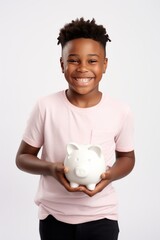 Fototapeta na wymiar Black smiling kid boy with a piggy bank in his hands, white background. AI generative