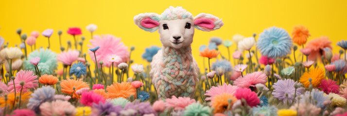 Cute crafted easter lamb with colorful wool flowers in front of yellow background. Ideal as web banner or in social media.  - obrazy, fototapety, plakaty