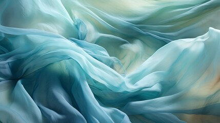 A woman in a blue light dress. the fabric billowing around her like the ocean waves. A place for text. Elegant stylish background. Fashion concept. Fabric in Motion. Grace. Horizontal banner