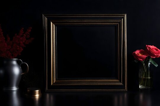 Black photo frame on a backdrop of black walls