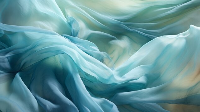 A woman in a blue light dress. the fabric billowing around her like the ocean waves. A place for text. Elegant stylish background. Fashion concept. Fabric in Motion. Grace. Horizontal banner