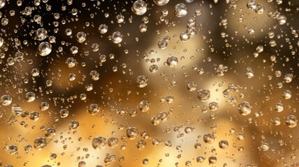 Droplets on glass roll down from top to bottom on a blurred warm background. Bokeh effect. Concept: Cozy. Festive atmosphere. Rain outside the window. Horizontal banner