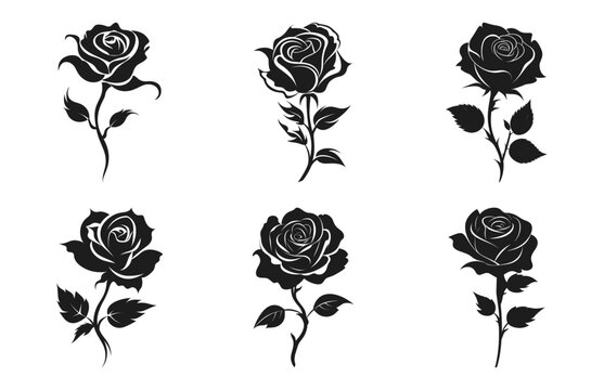 Rose Flower Vector art Silhouette set, Rose Flowers black Clipart Bundle