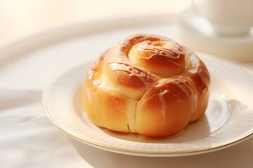 Obraz na płótnie Canvas Croissant on a plate, golden sweet airy bun.