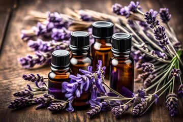 Fototapeta na wymiar Essential oil and lavender flowers, aromatherapy, and natural cures. Idea of calm, relax, and sleep