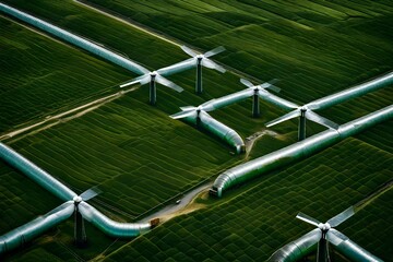 A hydrogen pipeline with wind turbines and in the background. Green hydrogen production concept