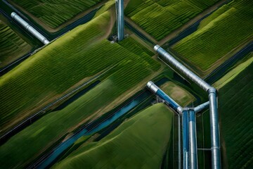 A hydrogen pipeline with wind turbines and in the background. Green hydrogen production concept