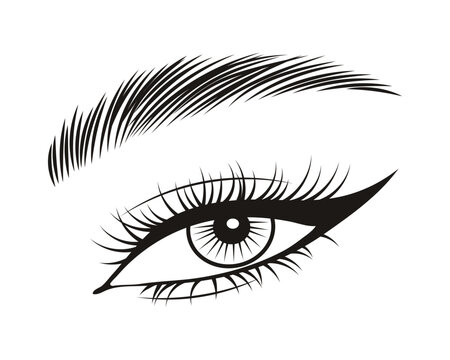 Black and white illustration of female eyes with long eyelashes and eyebrows. Beauty logo, eyelash salon logo