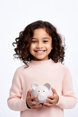 Caucasian smiling kid girl with a piggy bank in his hands, white background. AI generative