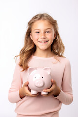 Caucasian smiling kid girl with a piggy bank in his hands, white background. AI generative