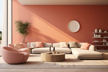 A tastefully designed modern living room featuring a curved sofa, ottoman, and armchair against a coral accent wall. The Japandi style seamlessly integrates simplicity and elegance.
