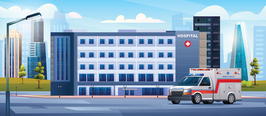 Hospital building with ambulance car. Medical clinic design background landscape illustration © YG Studio