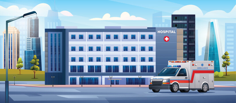 Hospital building with ambulance car. Medical clinic design background landscape illustration
