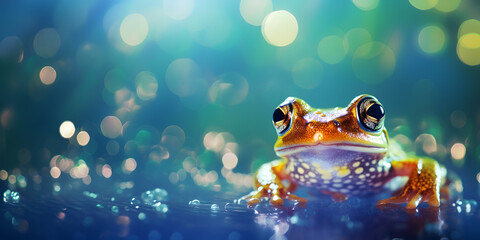 A cute toad sitting on a water in the forest generated by artificial intelligence ,A frog with a green and yellow body sits on a rock in the rain ,Amphibian in Water Wildlife generative ai


