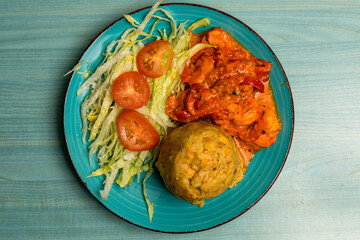 Mashed plantains with garlic shrimp