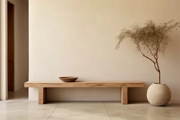 Poster A timeless wooden bench finds its place against a neutral beige stucco wall, embodying the simplicity and elegance of Japandi design in a modern entrance hall. © Faisu