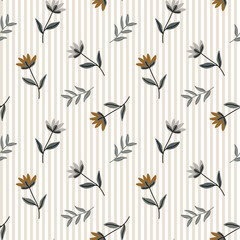 Seamless pattern, small flowers and scattered leaves on a striped background. Floral rustic background, print, textile, wallpaper, vector