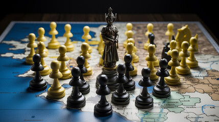 Oriental figure surrounded by pieces on a political chess board