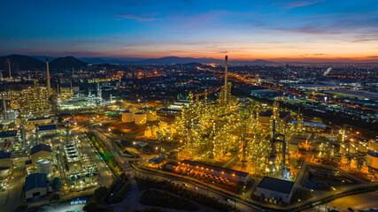 Aerial view of the morning of the oil refinery from the drone of the tower of the Petrochemistry...