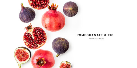 Fig fruits and pomegranate frame border isolated on white background.