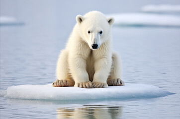 Sad polar bear on an ice floe in the ocean. Concept of global warming and melting glaciers