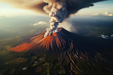 Aerial view of a volcano eruption