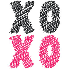 Phrase XOXO hugs and kisses black pink scribble lettering.