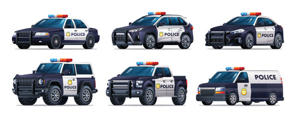 Set of police cars in different types. Patrol official vehicle, sedan, suv, pickup, van. Vector illustration