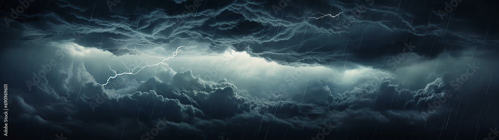 Wall mural beautiful and mysterious sky with lightning striking out of dark looking clouds, banner background