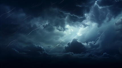 dark mysterious and stormy looking clouds with lightning striking out of them in the beautiful rainy night sky, background - obrazy, fototapety, plakaty