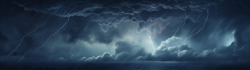 dark mysterious and stormy looking clouds with lightning striking out of them in the beautiful night sky, banner background - obrazy, fototapety, plakaty
