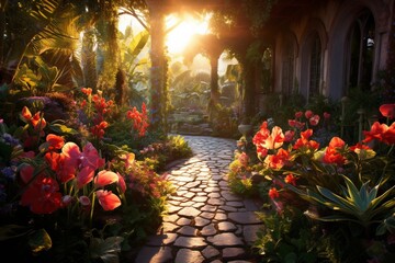Fototapeta na wymiar A tranquil garden with exotic flowers and plants, bathed in the soft light of a morning sunrise.