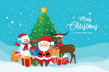Santa Claus, deer, snowman and christmas tree vector illustration. Decorated christmas tree, cute santa, reindeer and snowman in winter landscape cartoon. Fairytale christmas tree with garland lights