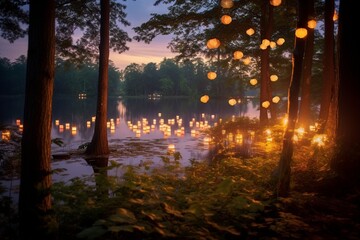 A tranquil lake at dusk, surrounded by trees and illuminated by the soft glow of lanterns, producing a serene bokeh effect.