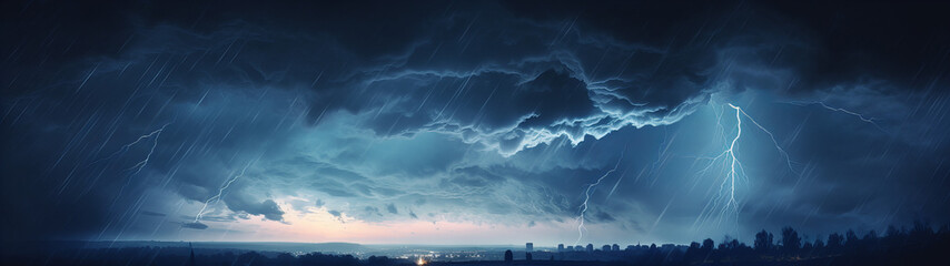 A lightning striking a city in the beautiful rainy night sky, mysterious banner background