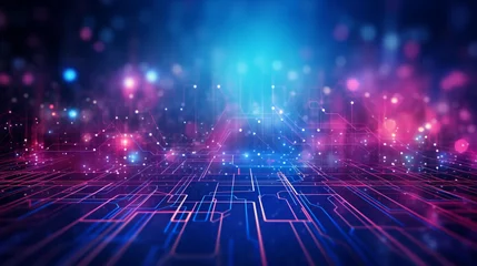 Foto op Plexiglas 抽象的なデジタル テクノロジー未来的な回路ブルー ピンクの背景GenerativeAI © enopi