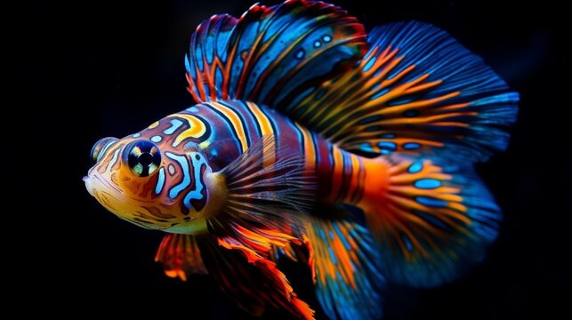 Beautiful multi color mandarin fish, mandarin fish fighting, male mandarin fish closeup, Mandarinfish or Mandarin dragonet