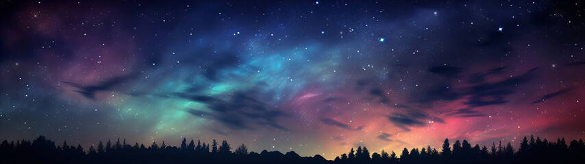 Fototapeta na wymiar A starry night sky with tree and mountain silhouettes, beautiful multi colored sky banner