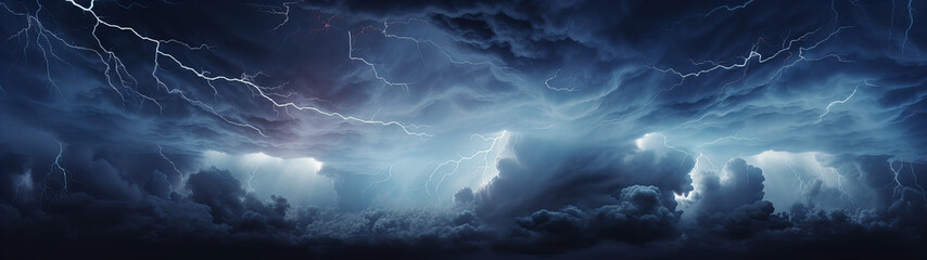 A lightning striking in the night sky with dark and mysterious looking clouds, with light in the distance, banner