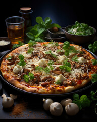 Mushroom pizza on wood background. vegan food , healthy eating, environmentally mentally responsible food choice concept