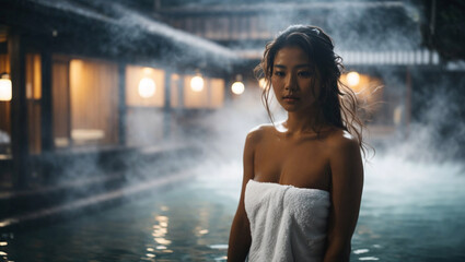 Bellissima donna di origini asiatiche con capelli lunghi in un onsen, bagno termale giapponese, con vapore dell'acqua calda della piscina - obrazy, fototapety, plakaty