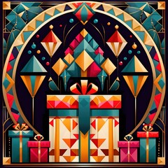 Wrapped presents, elegant luxury decorated wrapping for gifts in the tradition of Christmas and birthdays, vintage art deco style illustration