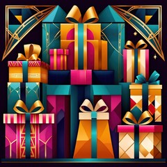 Wrapped presents, elegant luxury decorated wrapping for gifts in the tradition of Christmas and birthdays, vintage art deco style illustration