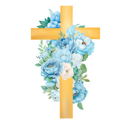 golden cross with blue flowers in watercolor on a transparent background