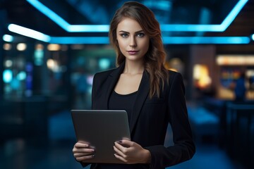 Photo of a confident businesswoman holding laptop. Generative AI