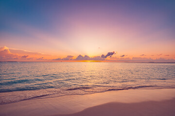 Inspirational ocean beach sunset. Colorful sunny sky clouds. Calm peaceful sea waves soft sand...