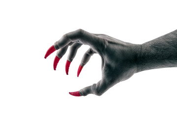 Creepy monster hand with red claws isolated on white background with clipping path