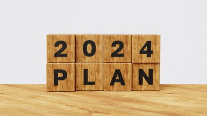 2024 Plan on wooden cubes. Resolution, strategy, goal, motivation, reboot, business and New Year holiday concept. 3d illustration