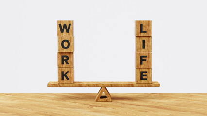 WORK LIFE balance concept. Choice between passion, love family versus job, money and professional management. WORK LIFE wooden cubes on balance scales. 3d illustration
