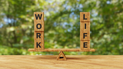 WORK LIFE balance concept. Choice between passion, love family versus job, money and professional management. WORK LIFE wooden cubes on balance scales. 3d illustration